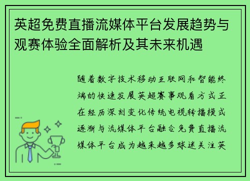 英超免费直播流媒体平台发展趋势与观赛体验全面解析及其未来机遇 英超免费直播流媒体平台发展趋势与观赛体验全面解析及其未来机遇